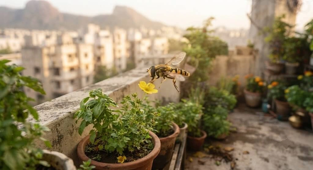hoverfly on flower Indian balcony garden pollinator