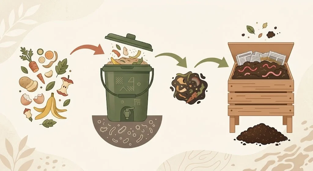 Hybrid Bokashi and vermicomposting system diagram for Indian homes