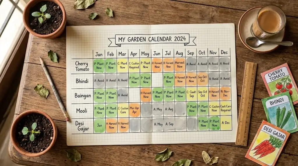 India balcony garden season planting calendar — cherry tomato bhindi baingan mooli gajar month-by-month