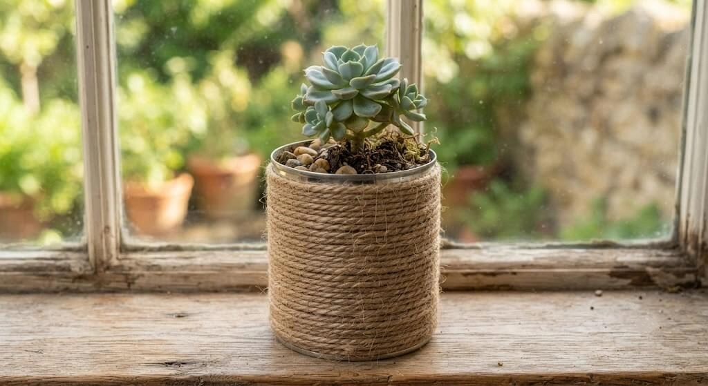 jute wrapped tin can planter aesthetic Indian balcony