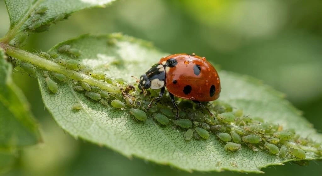 ladybird beetle eating aphids on Indian garden plant