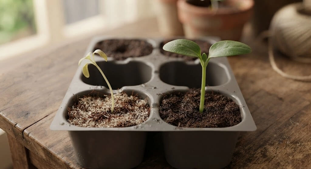 leggy versus healthy cherry tomato seedling stem comparison