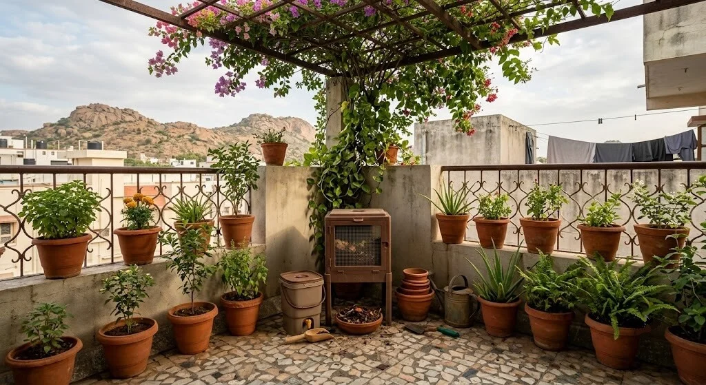 Shaded terrace corner suitable for composting on a Madanapalle apartment balcony
