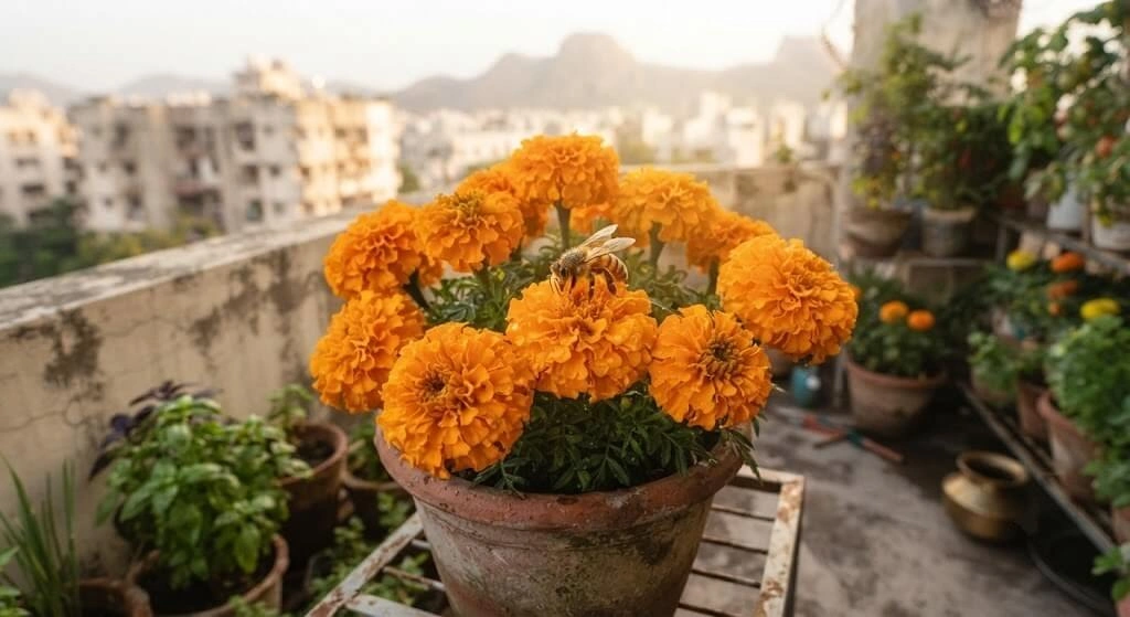 marigold flowers attracting beneficial insects India