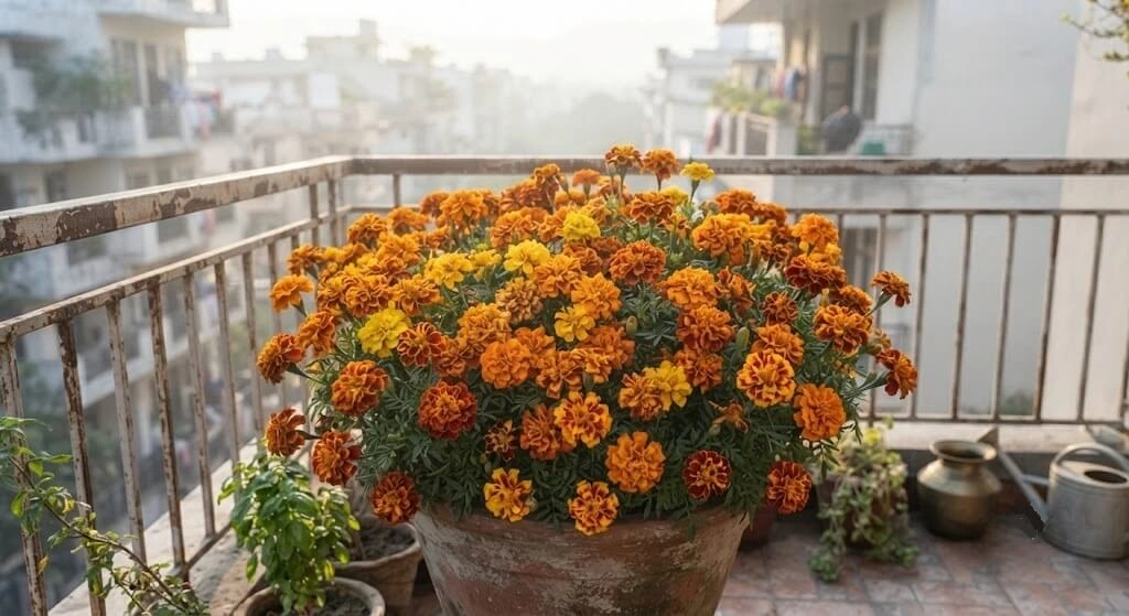 marigold flowers peak bloom Indian winter season garden
