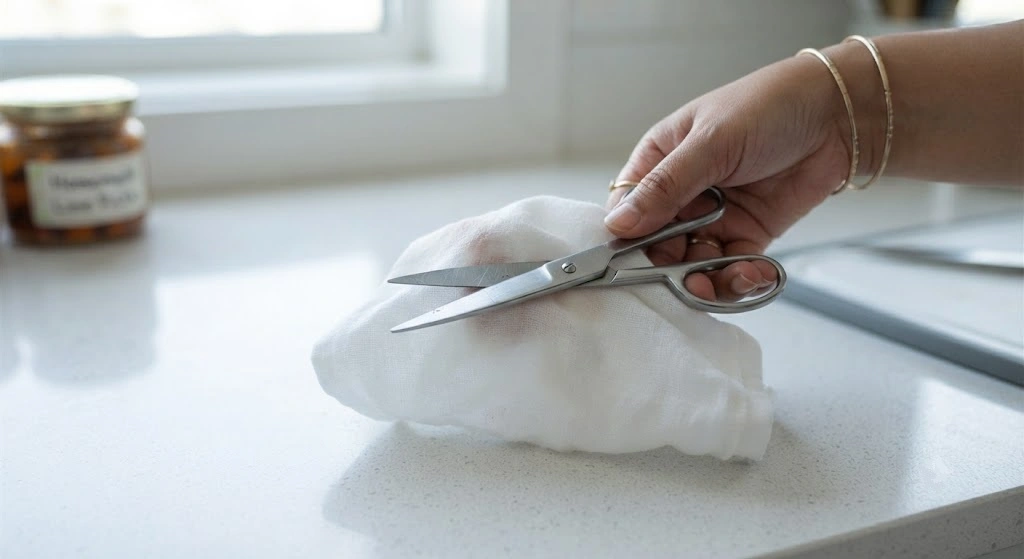 Sanitising scissors before harvesting microgreens