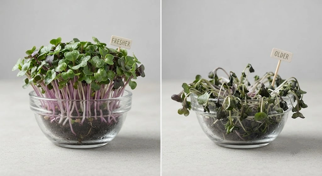 Fresh microgreens on day 1 compared to wilted microgreens after improper storage