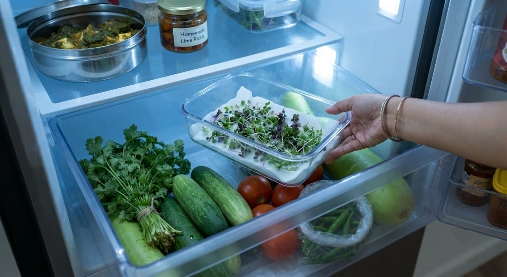 Storing harvested microgreens in a fridge crisper drawer