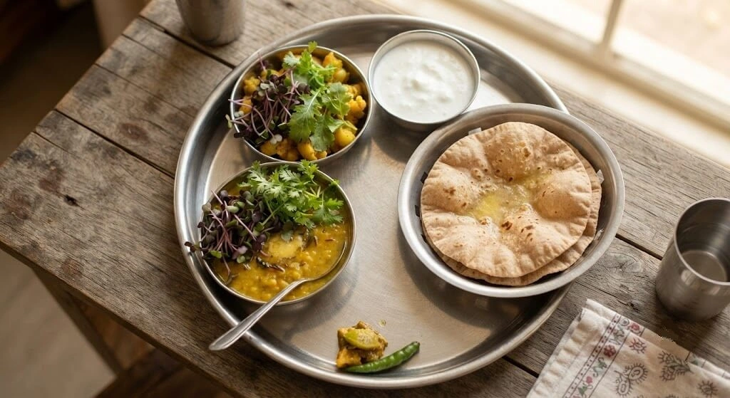 Freshly harvested Indian microgreens served on a plate with a home-cooked meal