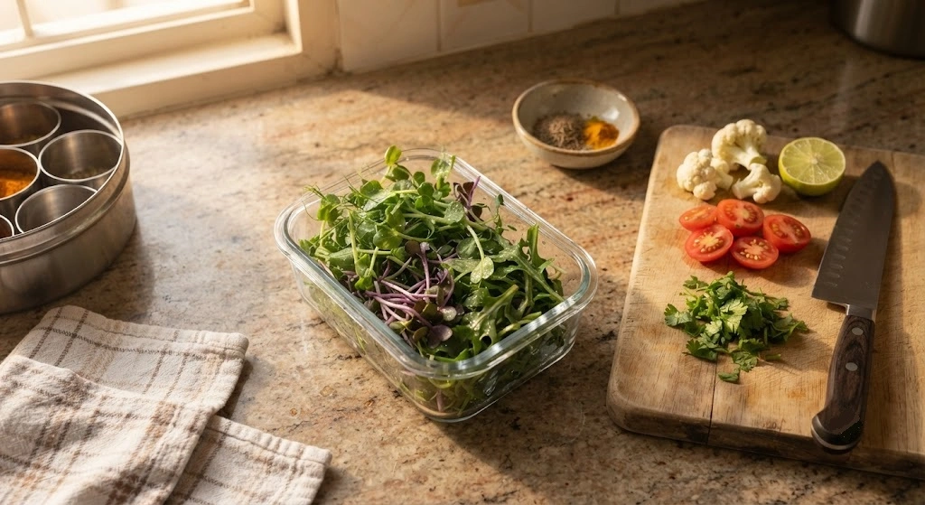 Freshly harvested and properly stored microgreens ready for an Indian meal