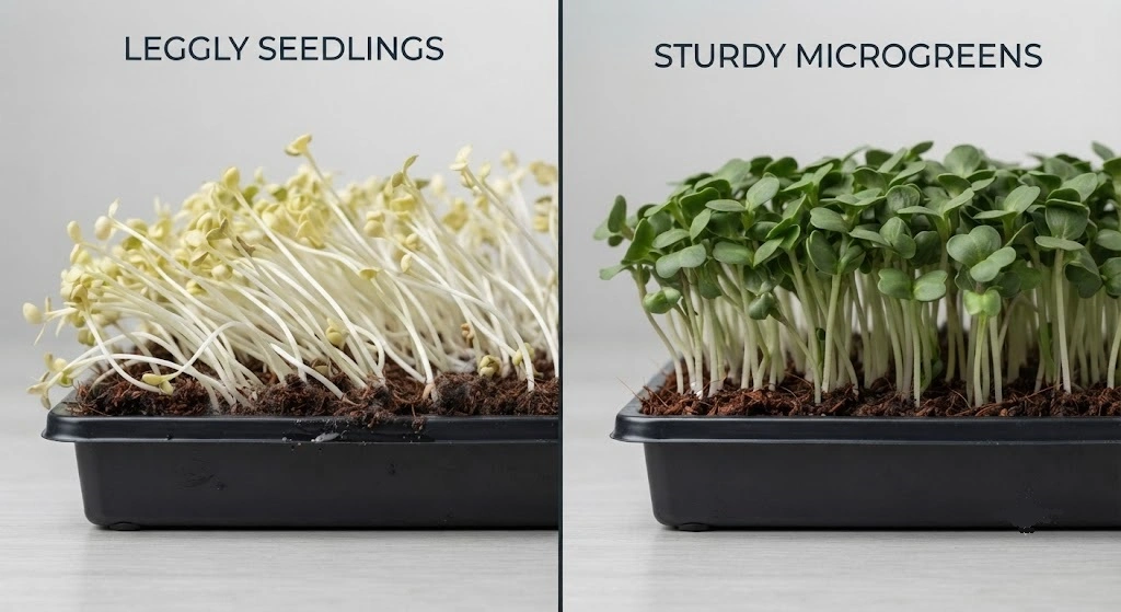 Leggy pale microgreens compared to sturdy healthy microgreens