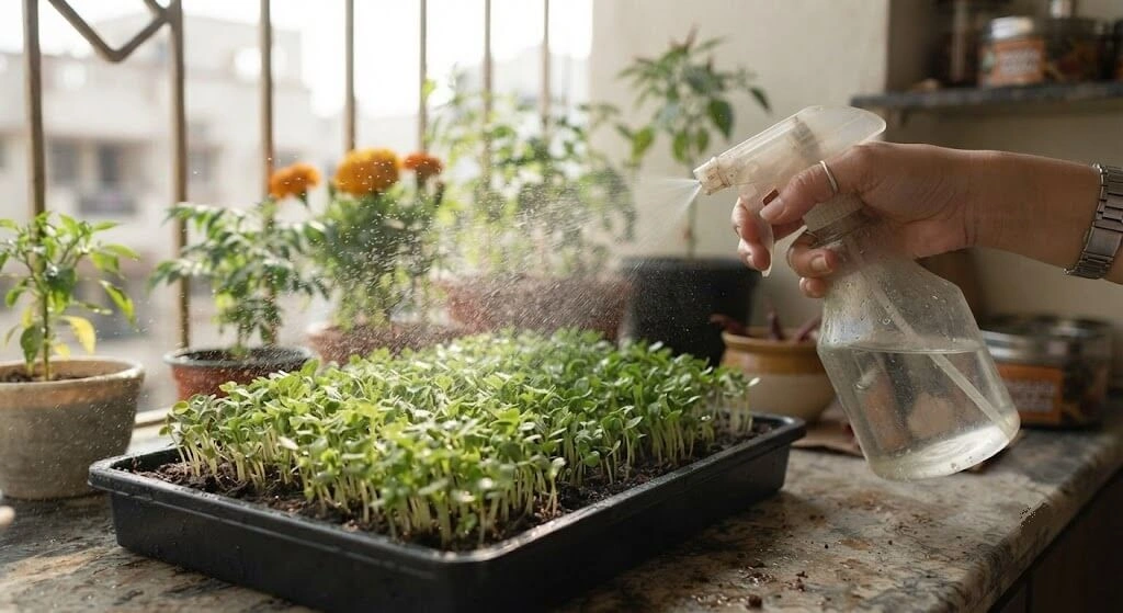 Misting microgreens tray with a spray bottle
