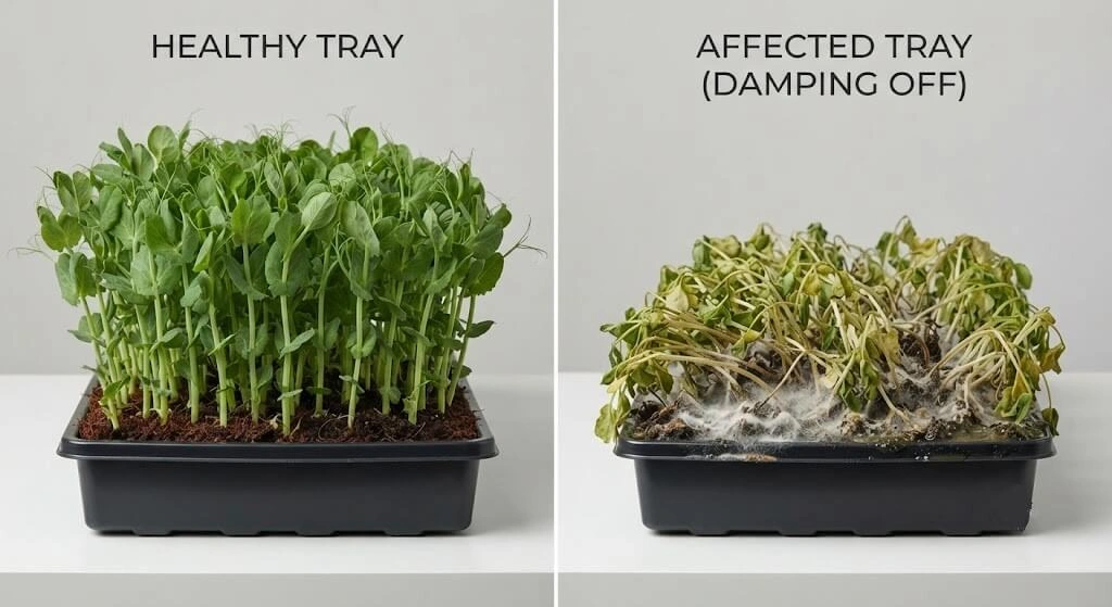 Comparison of healthy microgreens versus mouldy overwatered