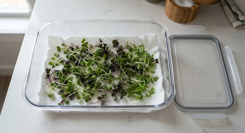 Microgreens stored in a container lined with a dry paper towel