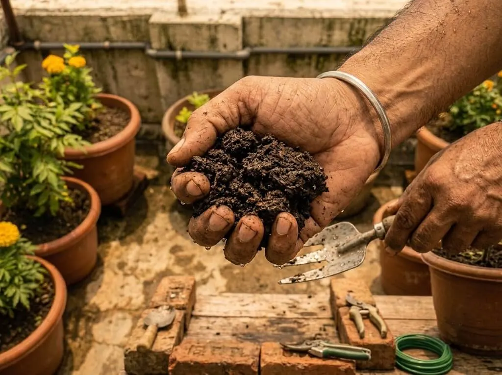 Checking compost moisture, wrung-sponge consistency test