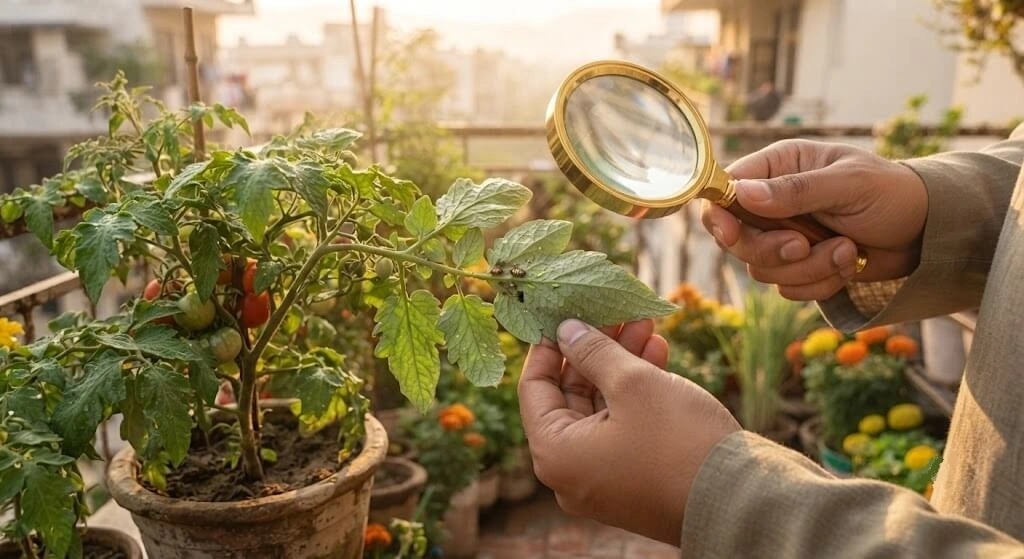 monitoring garden pests inspection Indian balcony