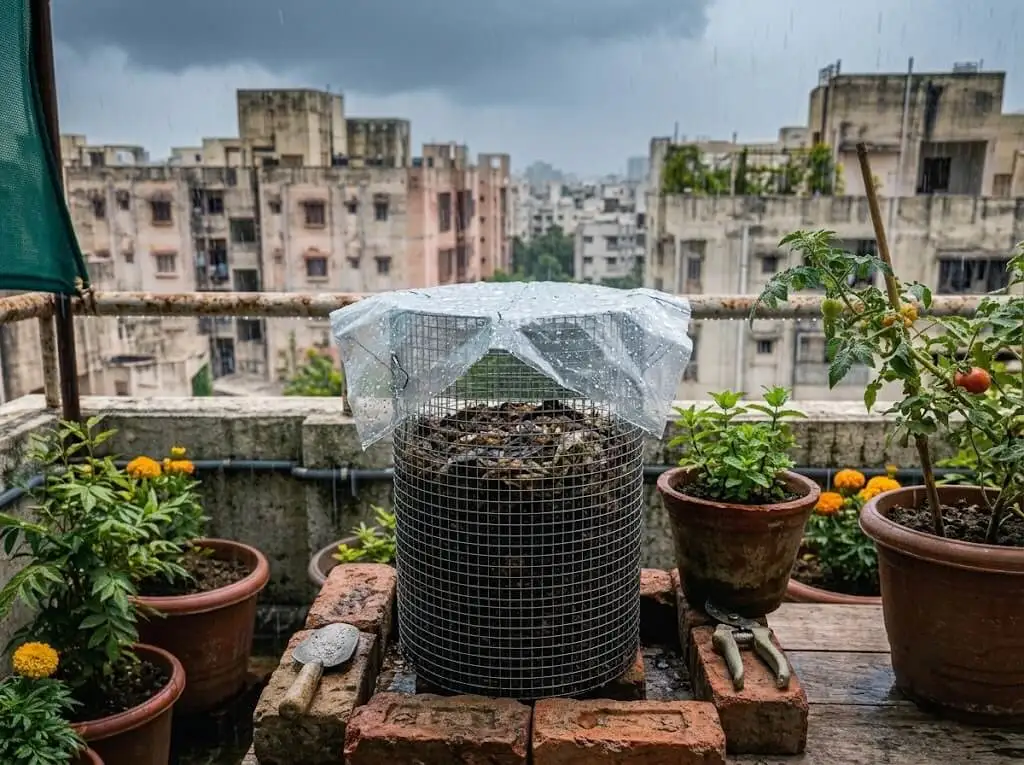 Compost bin covered and elevated during Indian monsoon