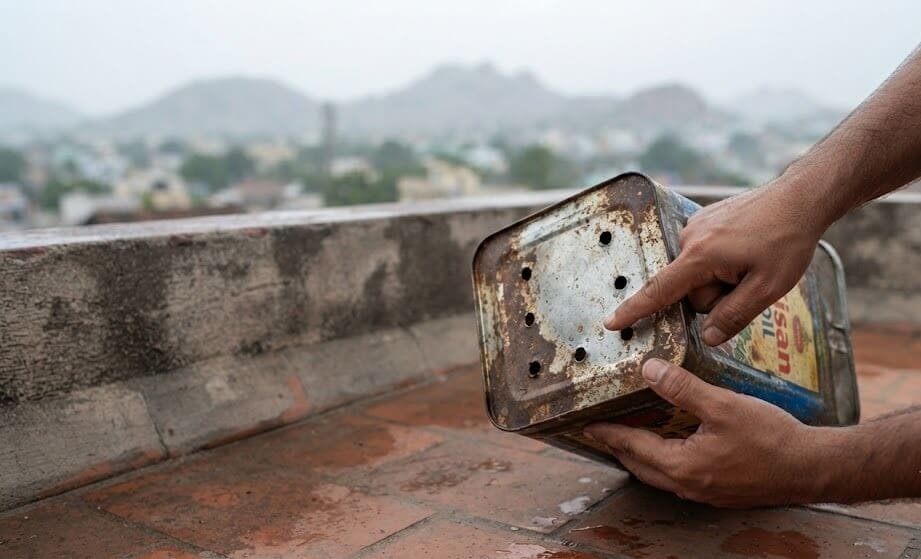 Checking drainage holes on an upcycled planter during Madanapalle's monsoon