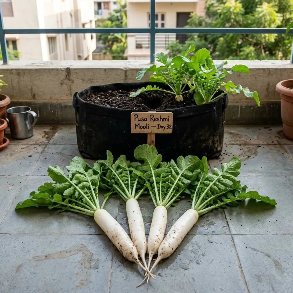 Mooli white radish harvest from grow bag on Indian balcony — freshly pulled roots with green tops