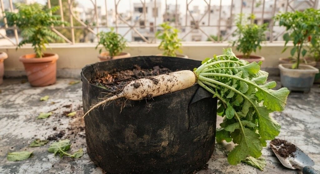 Freshly pulled mooli radish with green tops from a grow bag