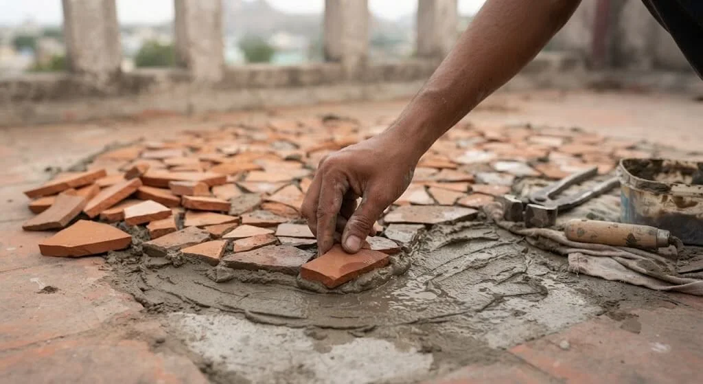 Broken terracotta pot pieces reassembled into a mosaic planter