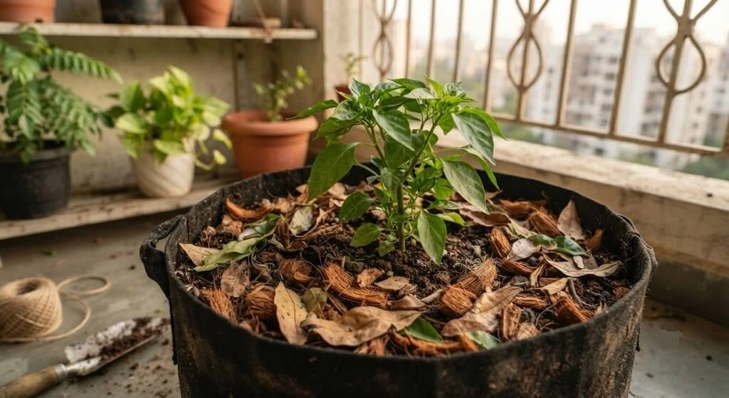 Mulched grow bags with dry leaves to retain moisture in Indian summer
