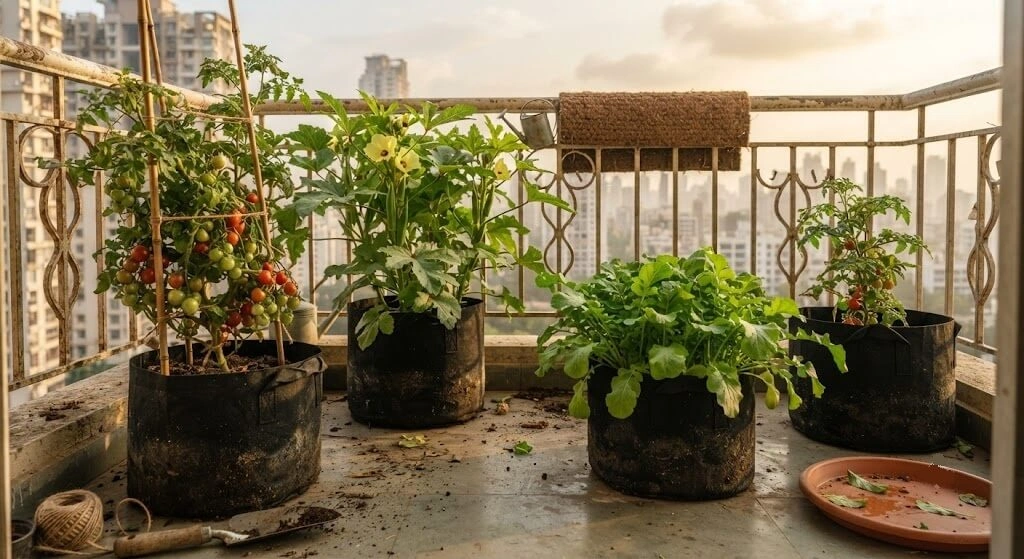 Small productive balcony vegetable garden in a Mumbai apartment