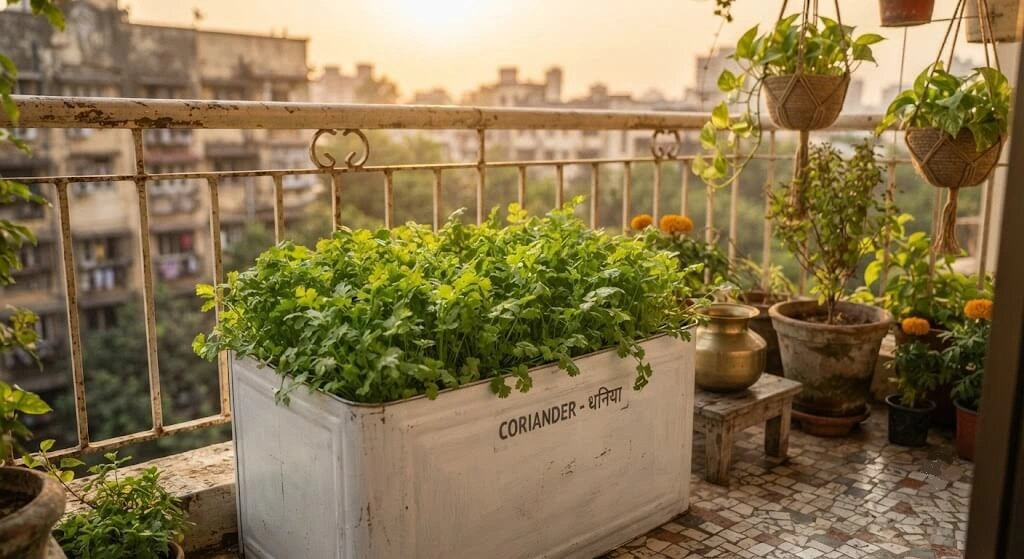 mustard oil tin planter growing dhania India