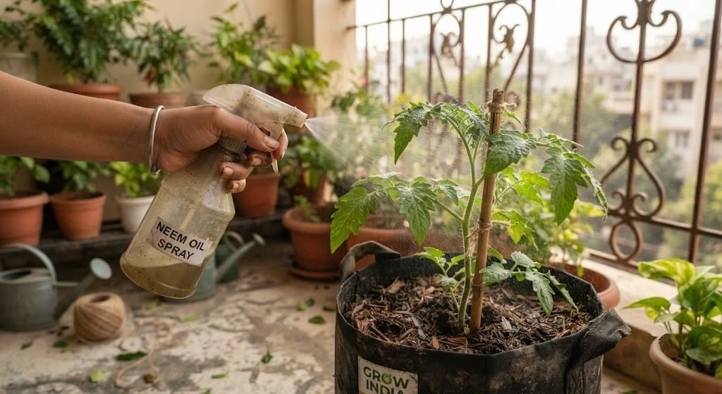 Spraying neem oil solution on vegetable plants for organic pest prevention