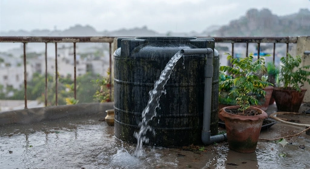 overflow pipe rainwater tank monsoon India