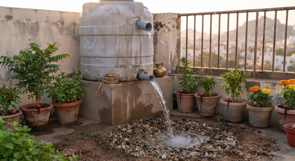 overflow pipe recharge pit rainwater tank India