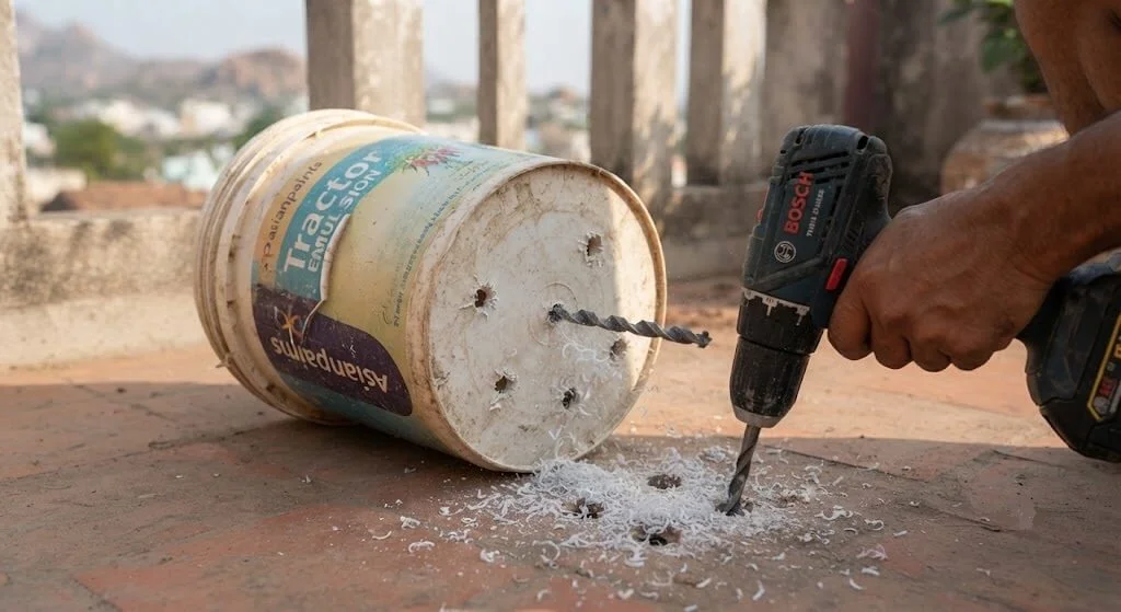 Drilling drainage holes into an empty paint bucket, Madanapalle terrace
