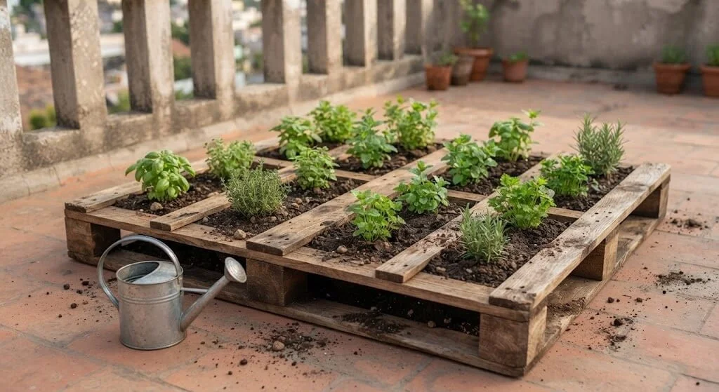 Wooden pallet garden lying flat on a Madanapalle terrace while herbs establish	