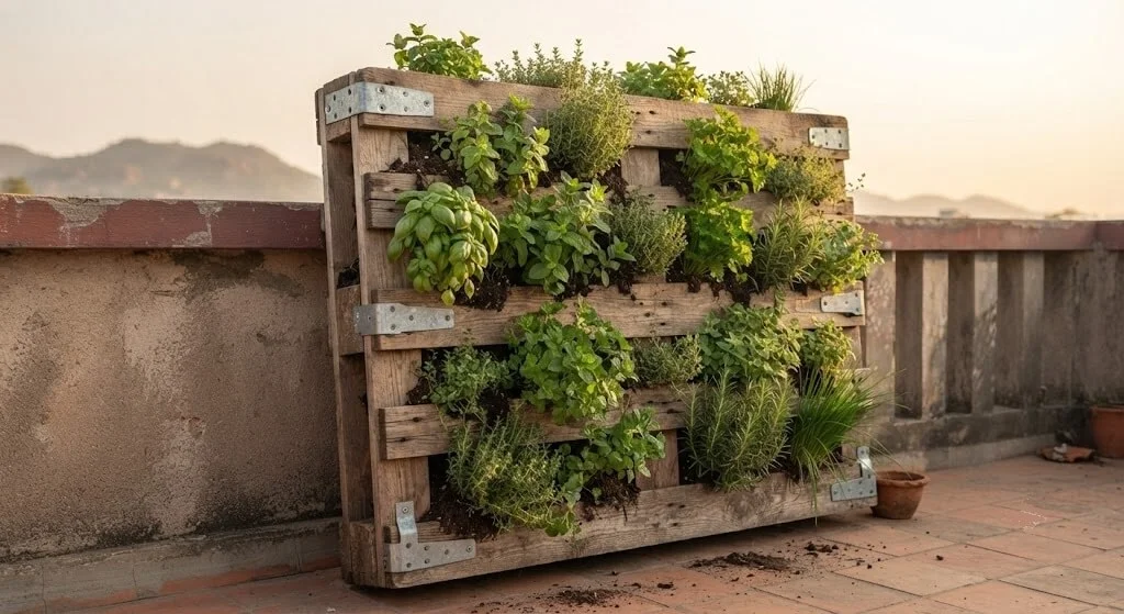Established vertical pallet garden mounted on a Madanapalle terrace wall