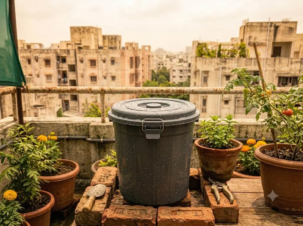 Secured lid on compost bin to prevent pests
