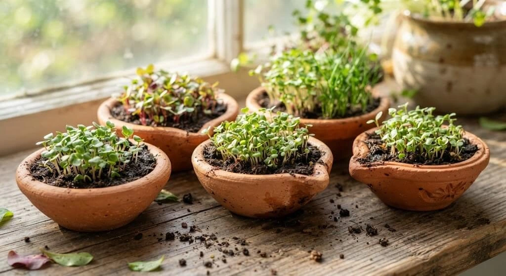 post Diwali diya terracotta planter microgreens