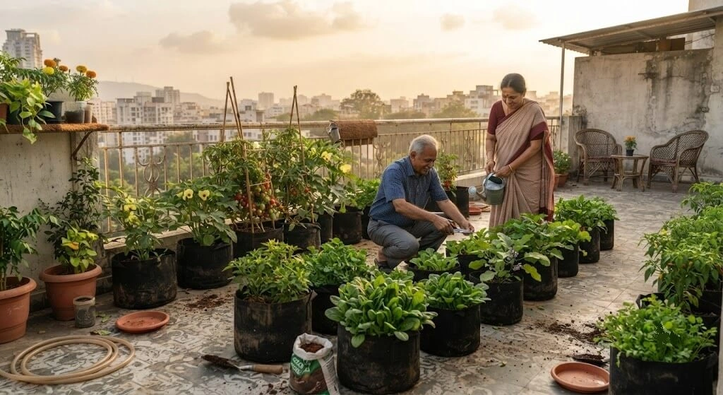 Large productive terrace vegetable garden in Pune with multiple grow bags