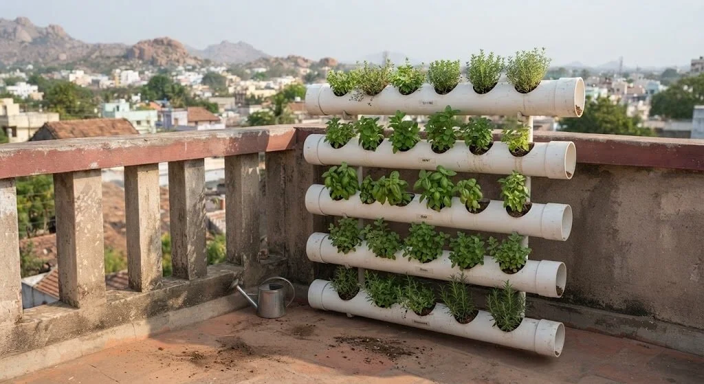 PVC pipe vertical herb garden mounted on a Madanapalle terrace wall