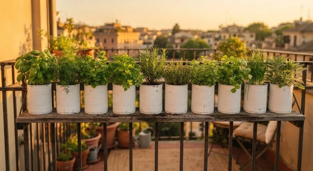 row of painted upcycled planters Indian balcony garden