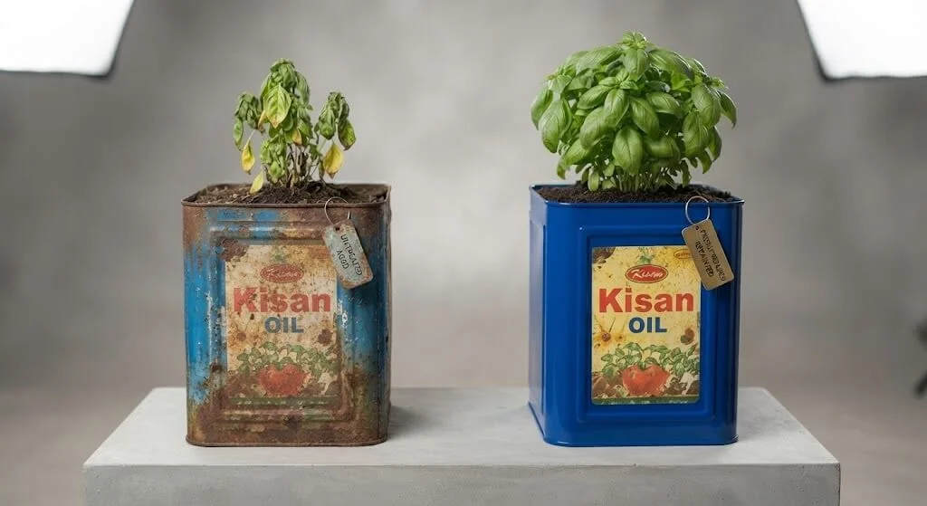 Comparison of a rusted metal planter versus a well-maintained repainted one