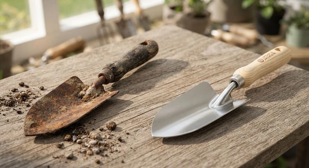 rusted versus well maintained gardening tool comparison