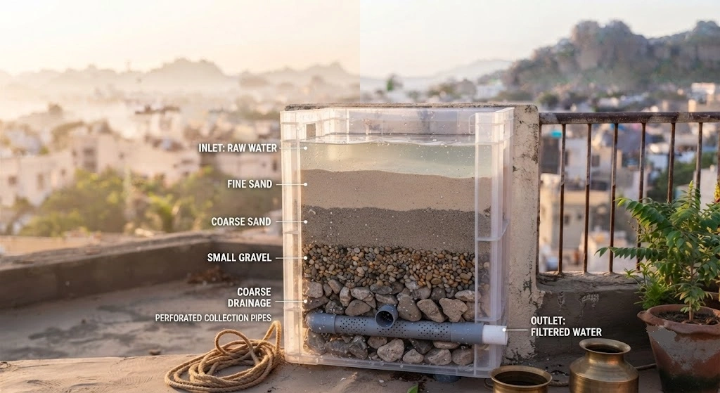 sand gravel charcoal filter chamber DIY rainwater India