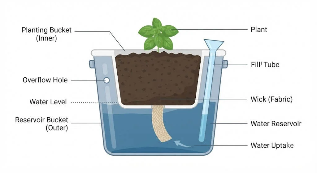 Cross-section diagram of a self-watering reservoir planter build