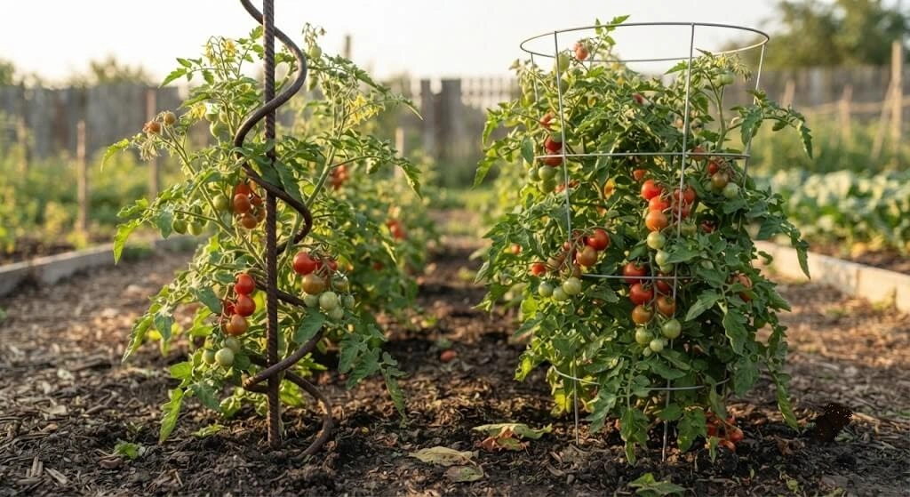 spiral stake versus cage tomato support India balcony