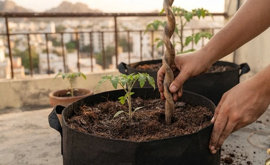 staking cherry tomato plant at transplant time India