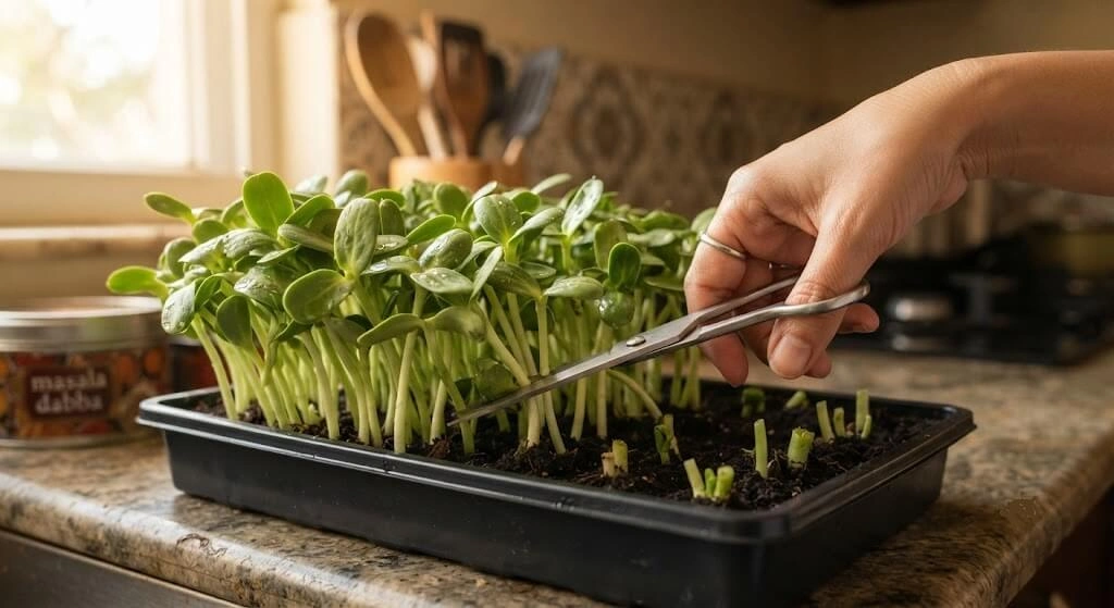 Sunflower microgreens harvested with kitchen scissors