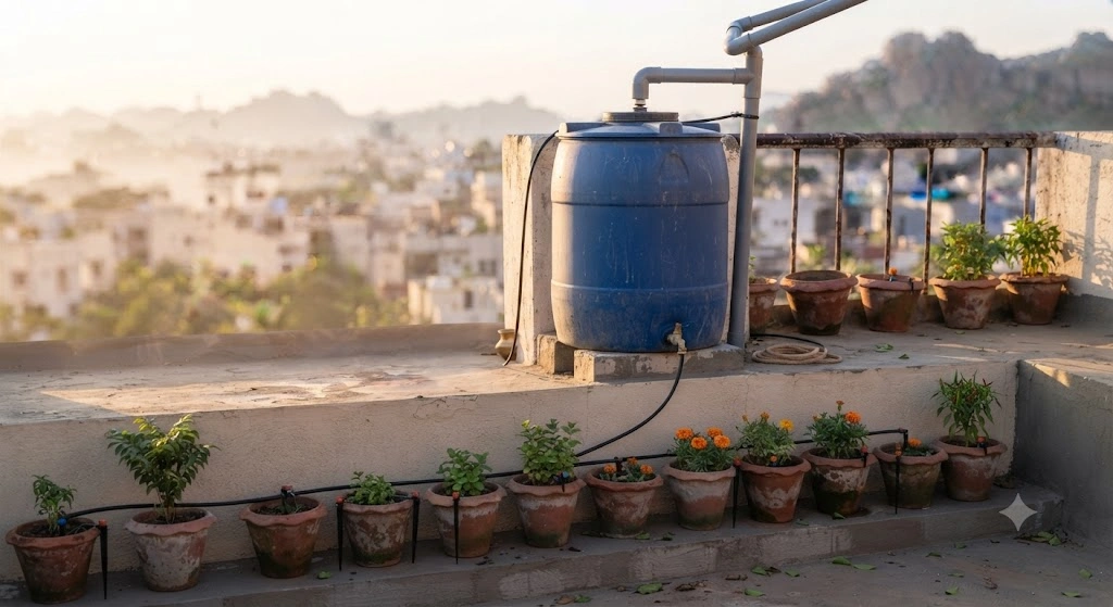 terrace rainwater tank drip irrigation connection India