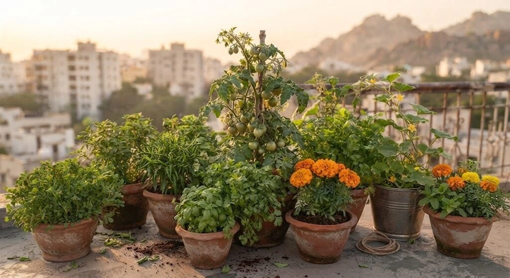 thriving companion planted Indian balcony garden