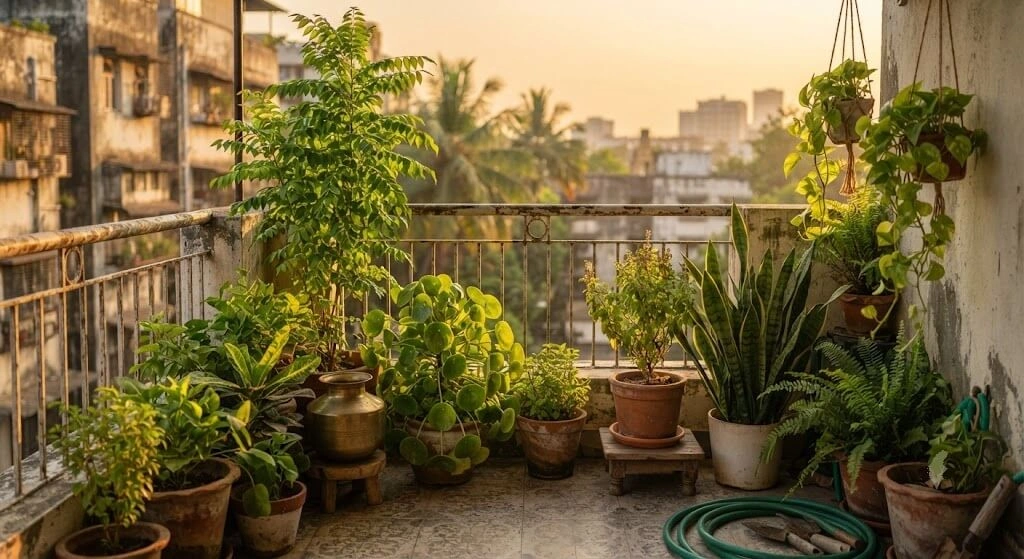 thriving well watered Indian container garden