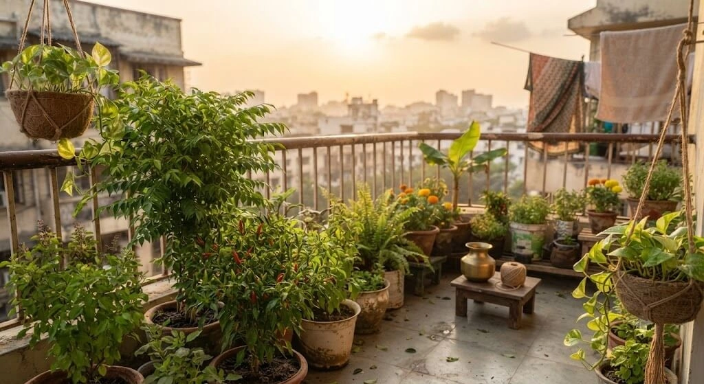 thriving well watered Indian balcony container garden